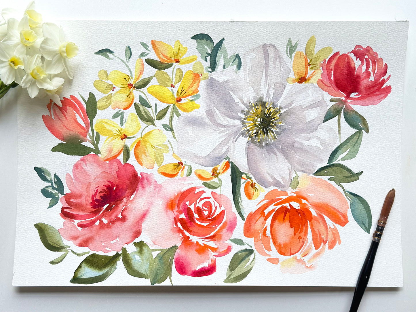 Original Watercolor - White Poppy and Roses