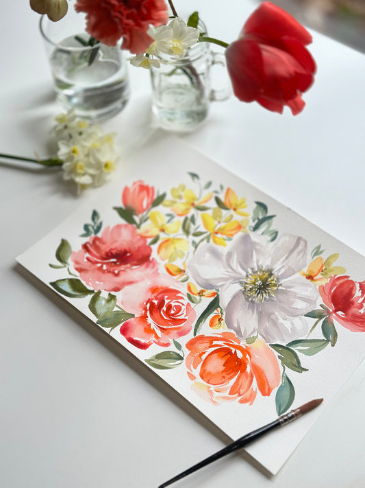 Original Watercolor - White Poppy and Roses