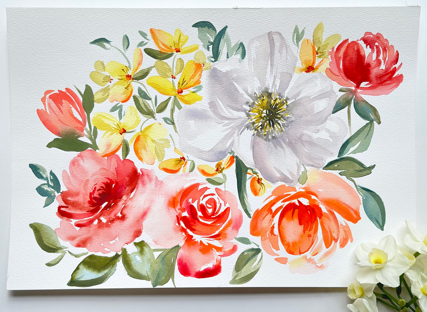 Original Watercolor - White Poppy and Roses