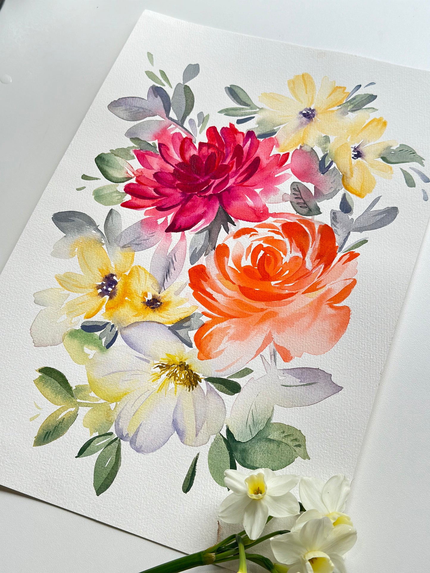 Original Watercolor - Dahlia and Rose