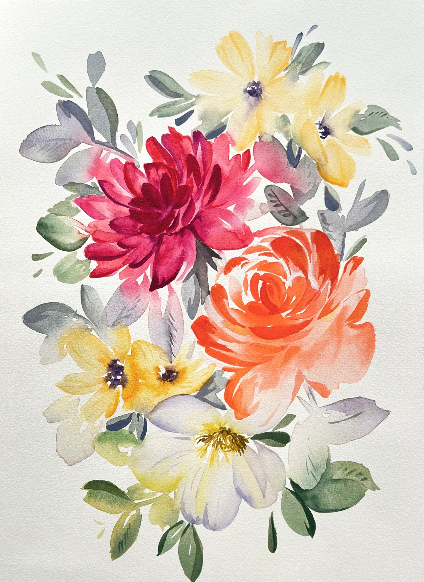 Original Watercolor - Dahlia and Rose
