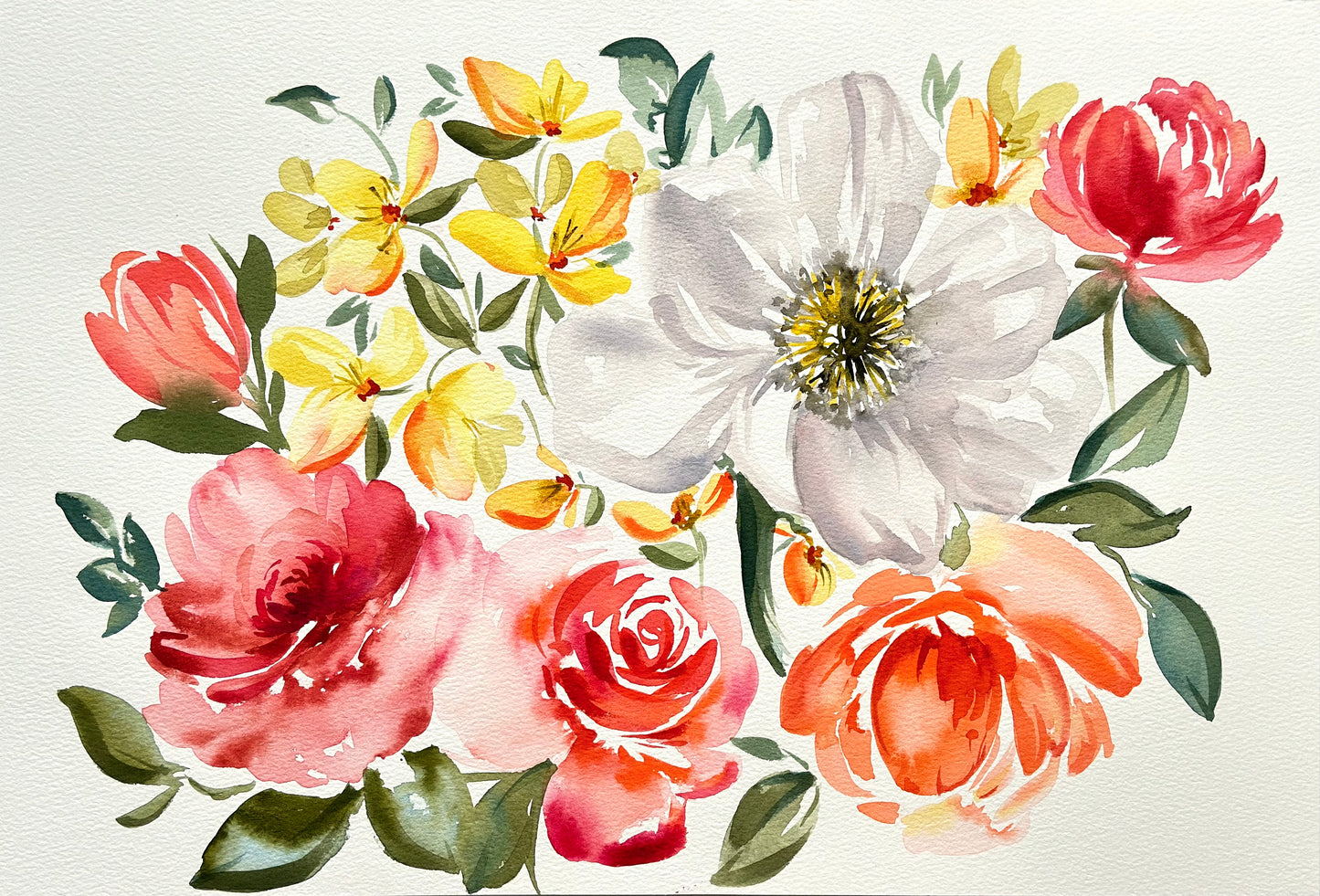 Original Watercolor - White Poppy and Roses
