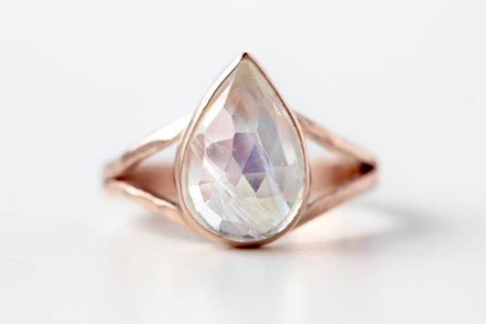 Pear Shaped Rosecut Rainbow Moonstone Ring in 14k Rose Gold Split Shank
