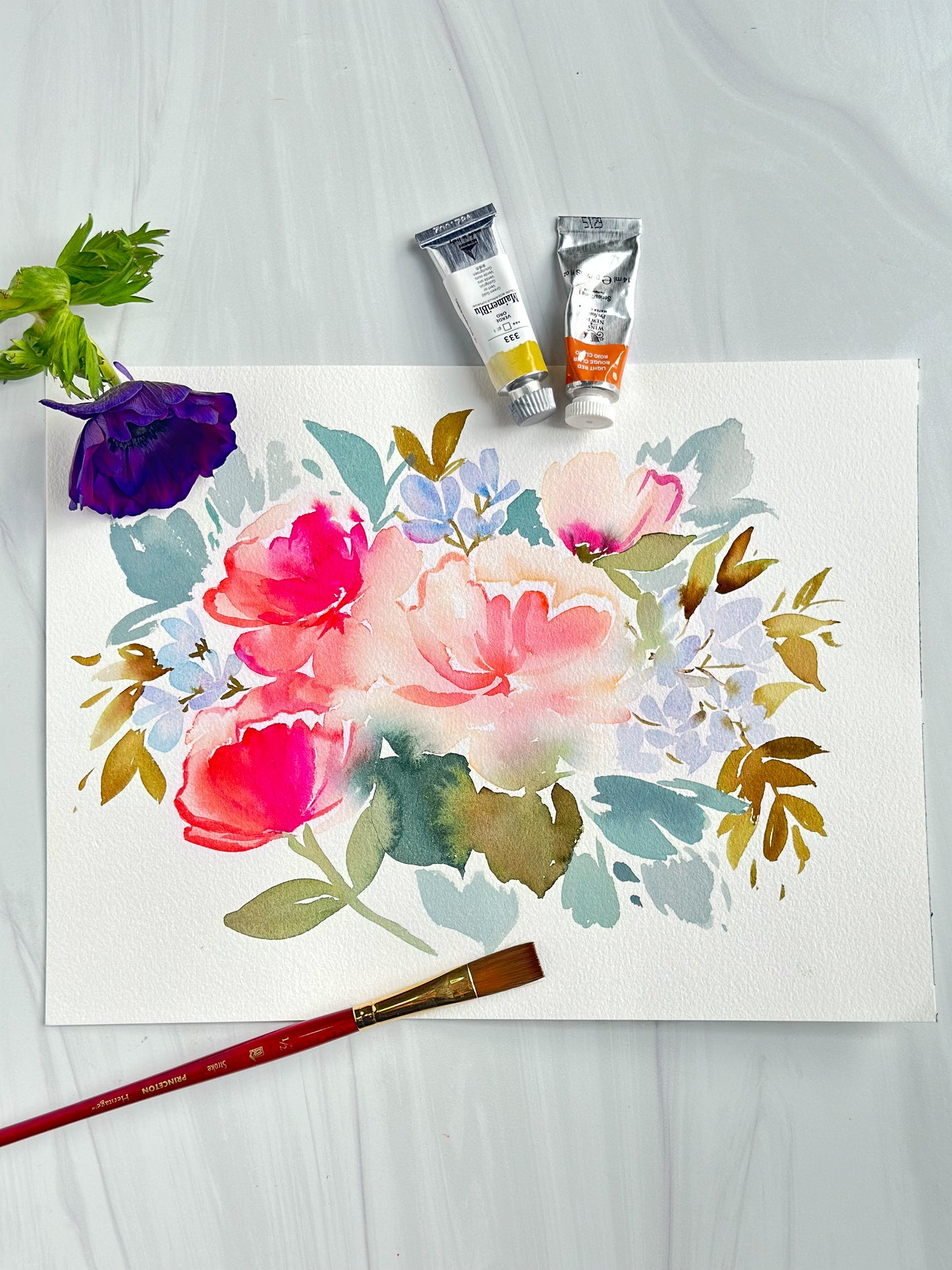 Original Watercolor - Cool Pink and Blue Florals