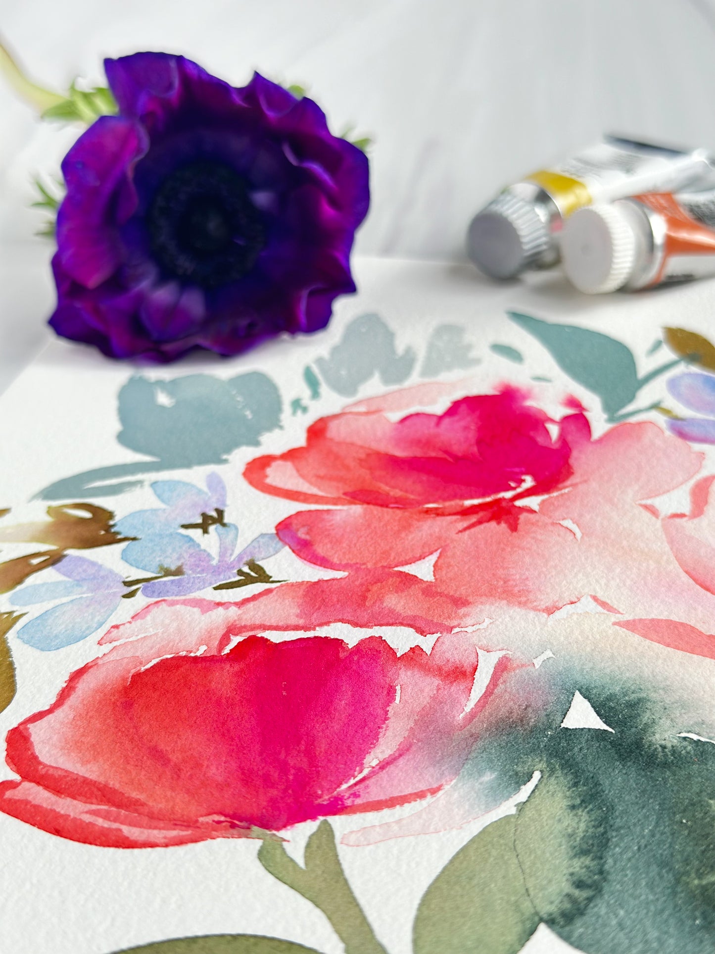 Original Watercolor - Cool Pink and Blue Florals