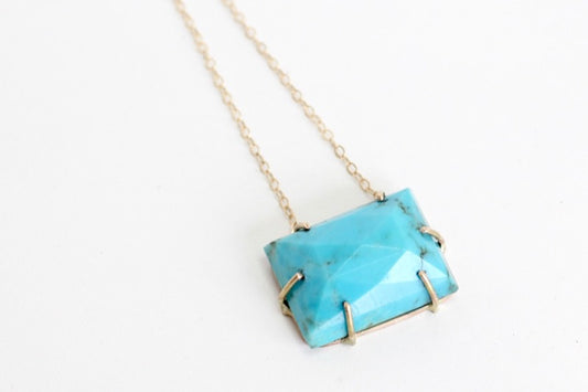 Turquoise Rose Cut Rectangle Necklace in Recycled 14k yellow gold