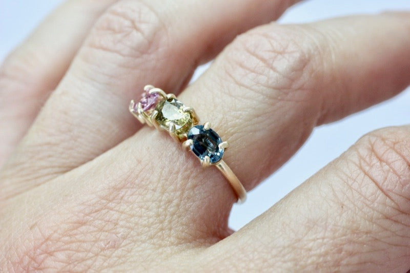 3 stone spinel ring in 14k Yellow Gold