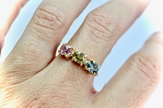 3 stone spinel ring in 14k Yellow Gold