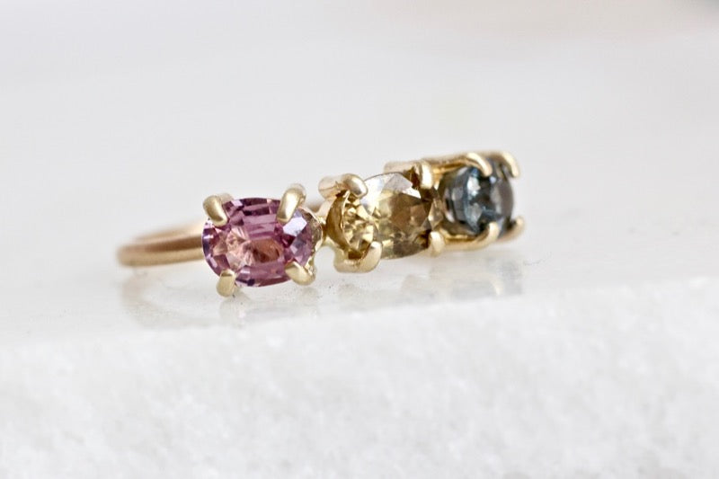 3 stone spinel ring in 14k Yellow Gold