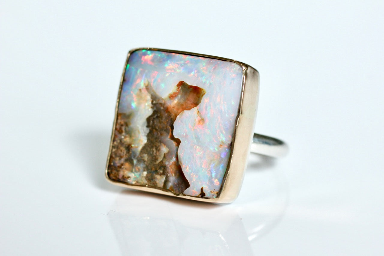 Rough Boulder Opal in yellow gold and sterling