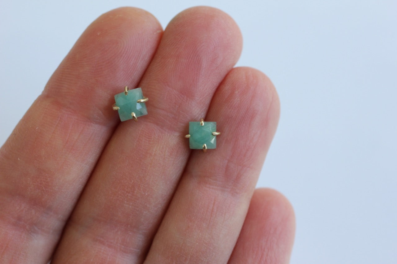 Square Emerald Studs in 14k yellow gold