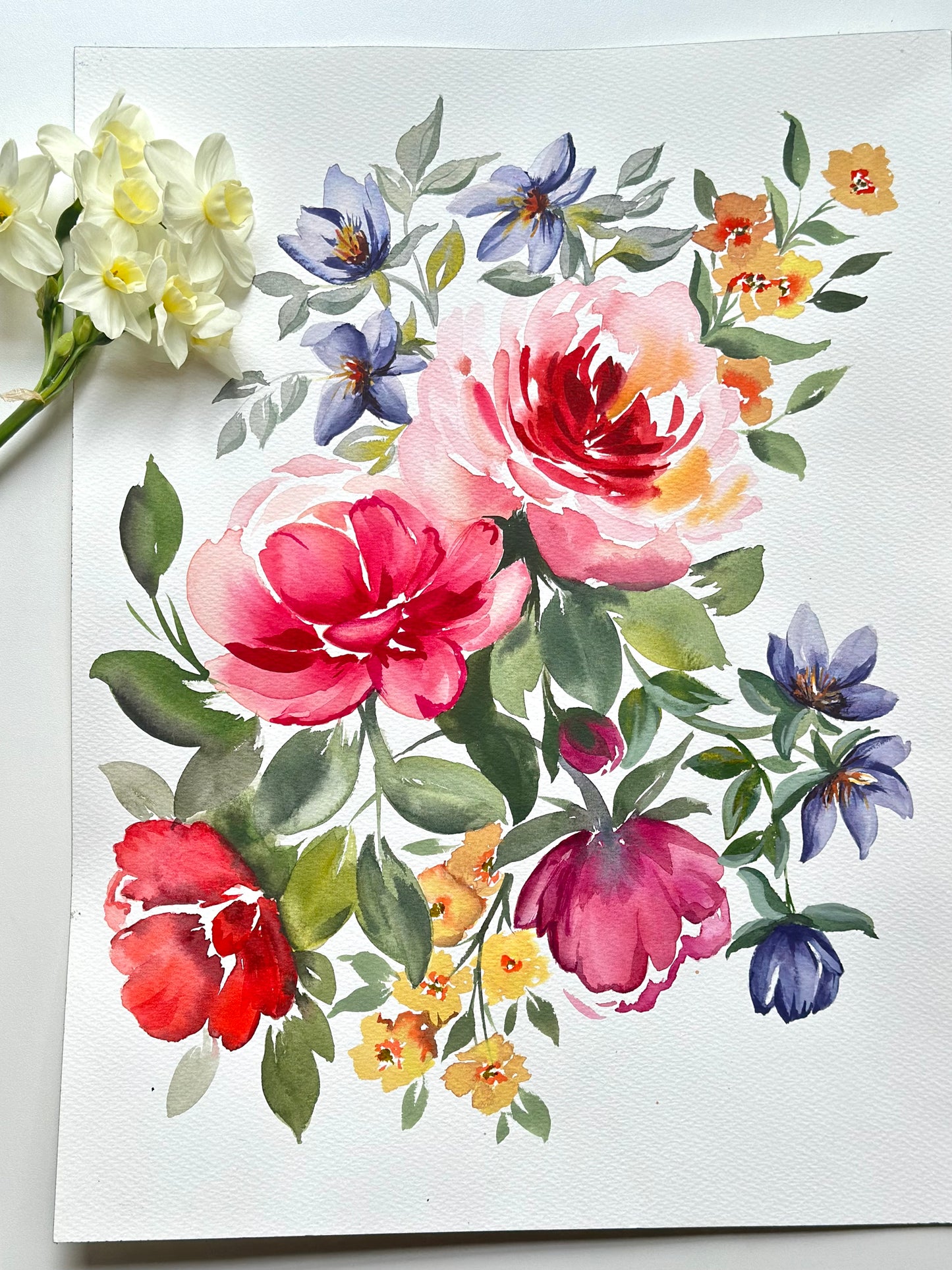 Original Watercolor - Roses and Clematis