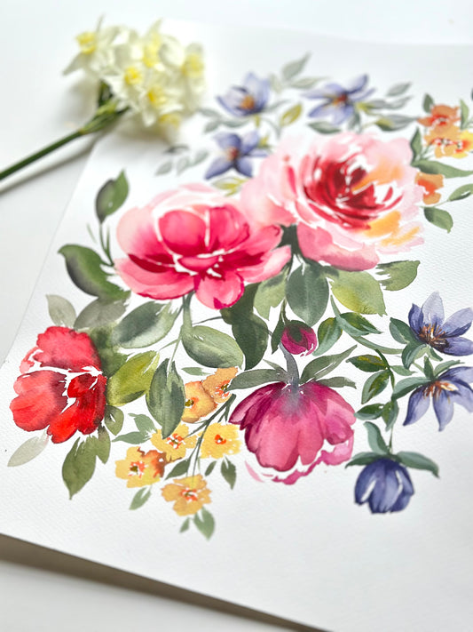 Original Watercolor - Roses and Clematis