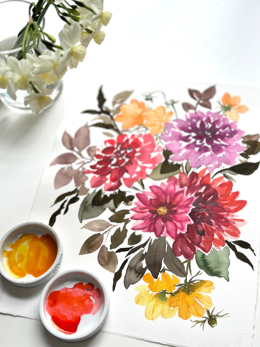 Original Watercolor - Dahlias in the fall