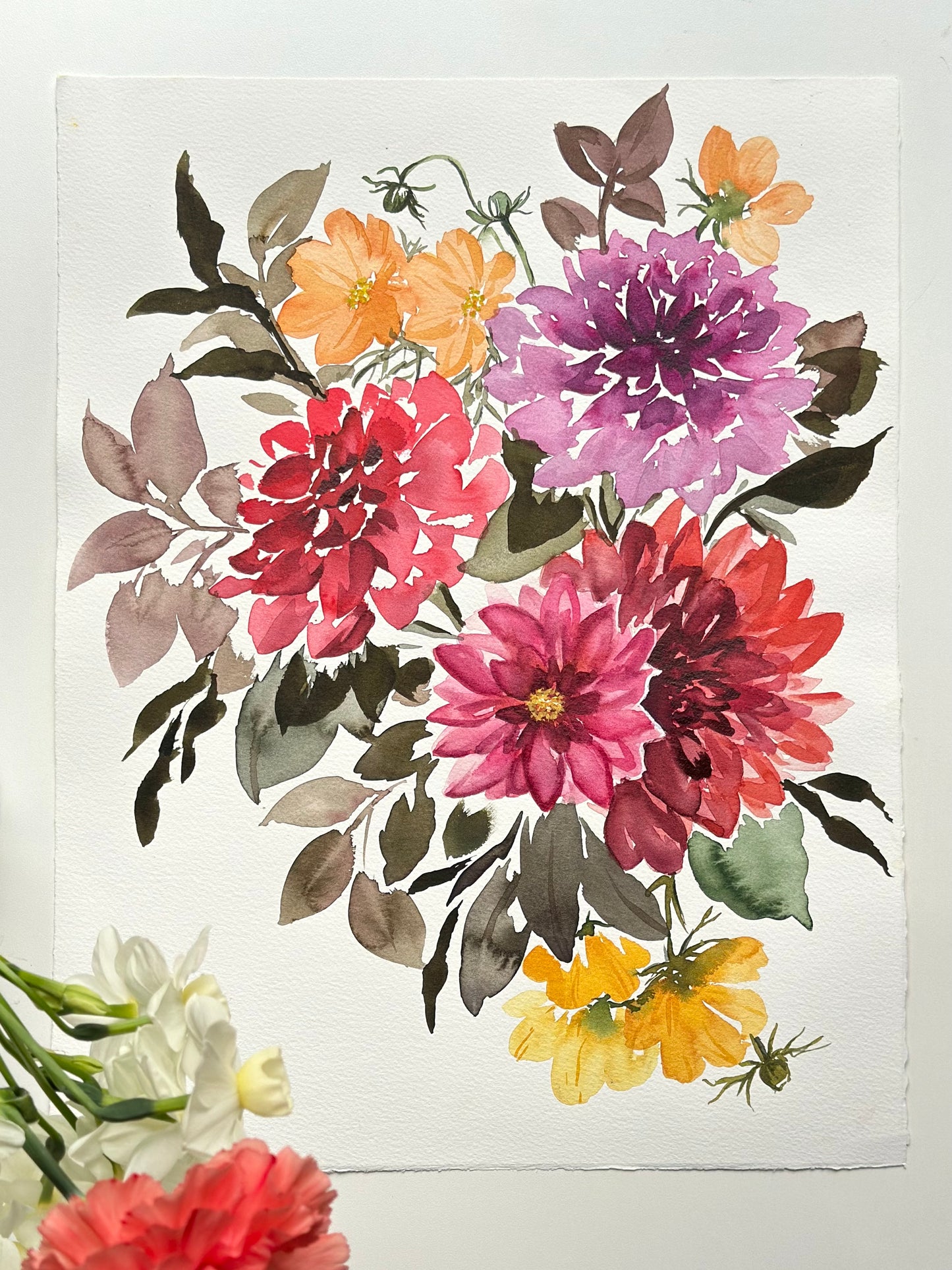 Original Watercolor - Dahlias in the fall