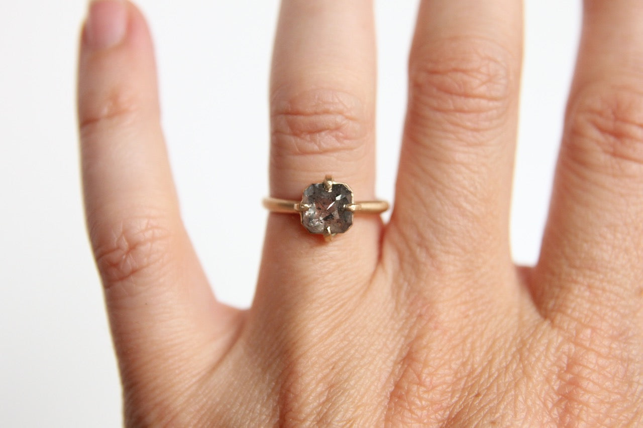 Ready to Ship Salt and Pepper Rose Cut Diamond Engagement Ring in 14k Yellow Gold