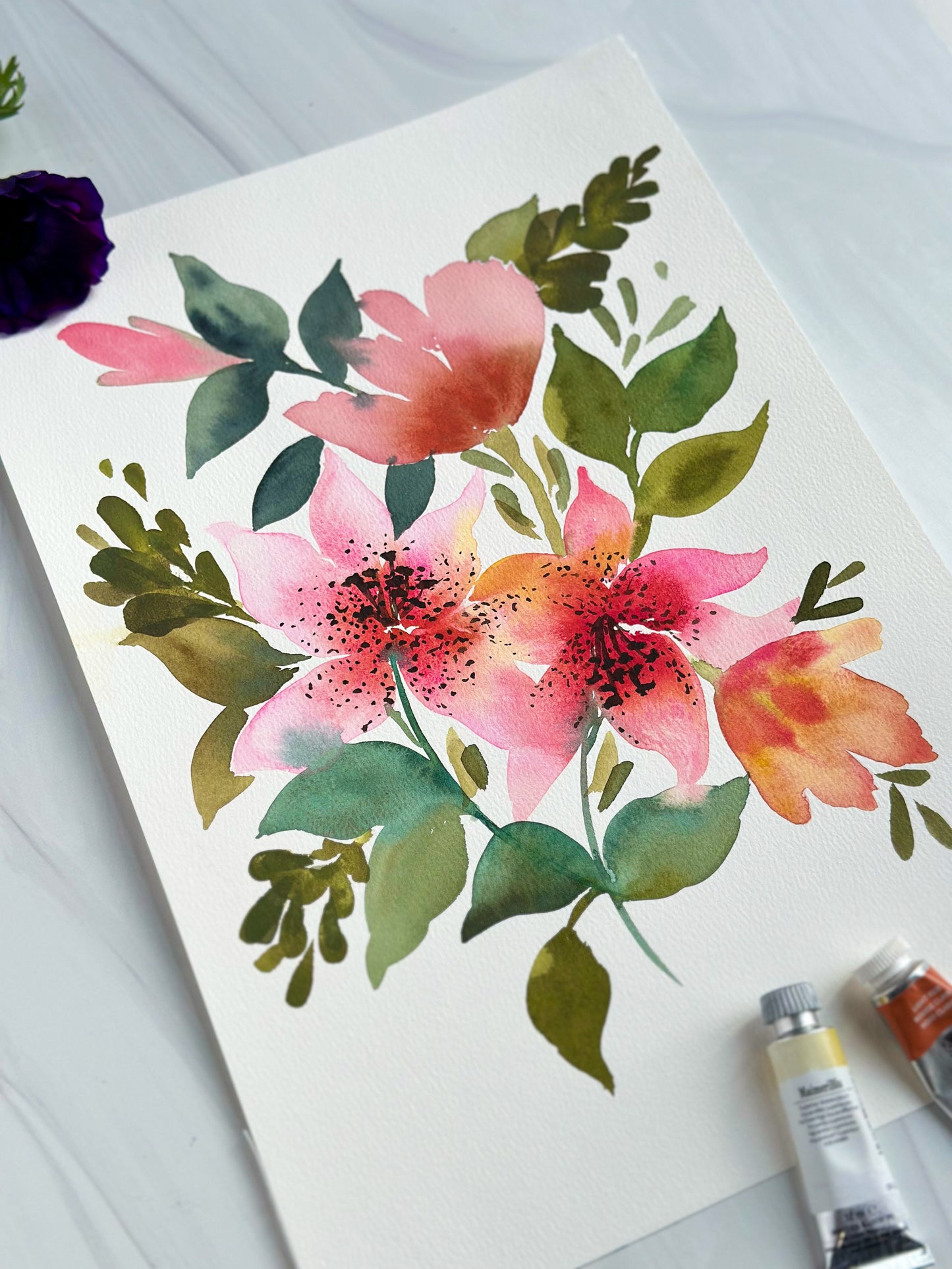 Original Watercolor - Pink Lillies