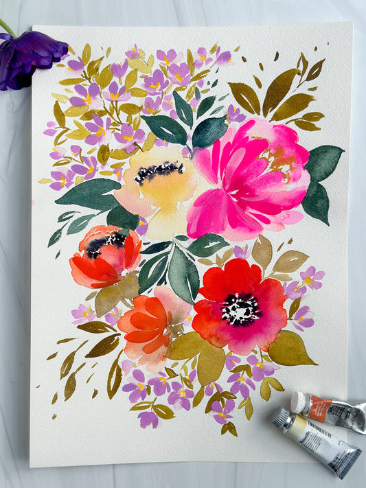 Original Watercolor - Anemones and Peonies Spring Floral