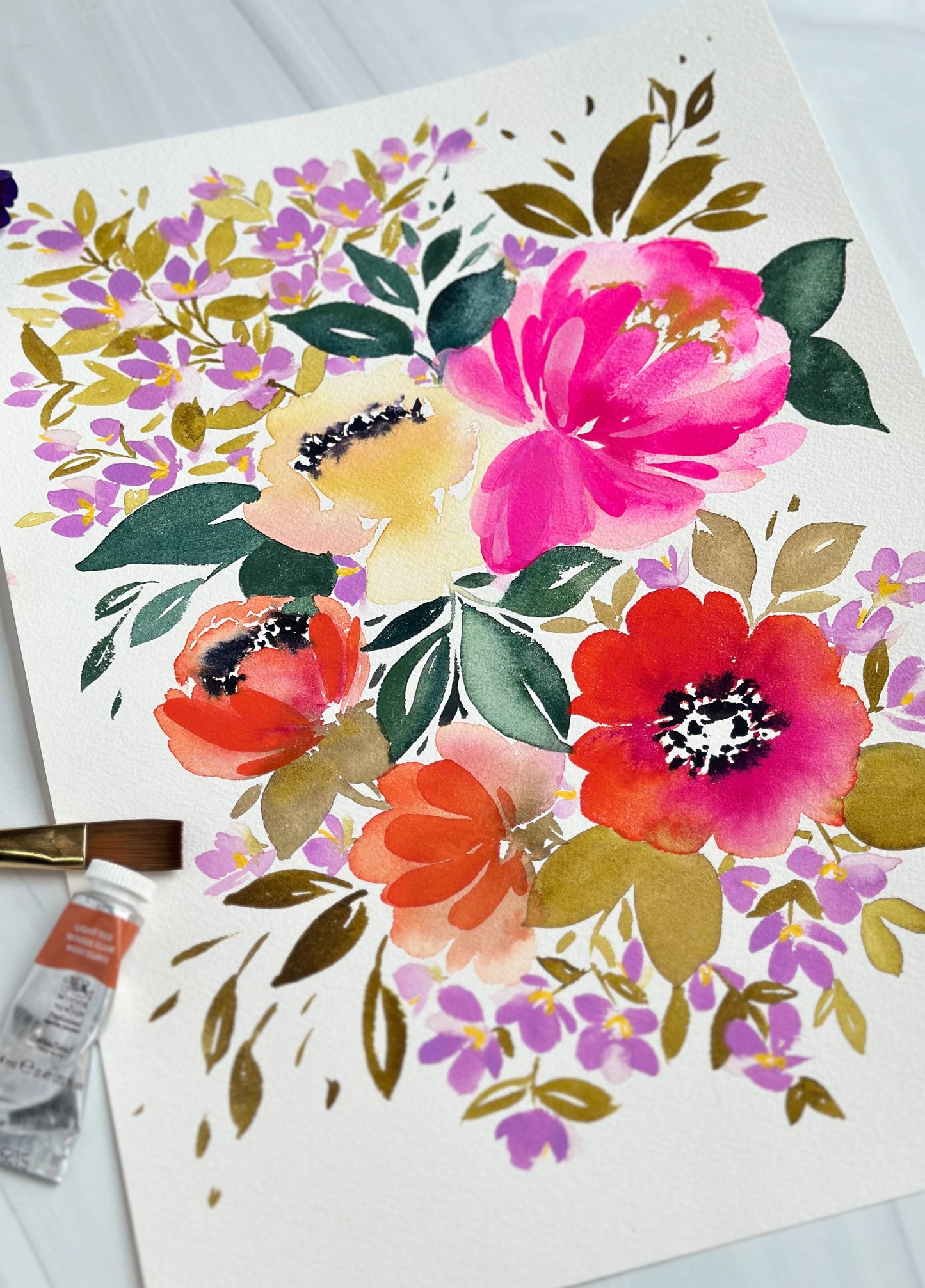 Original Watercolor - Anemones and Peonies Spring Floral