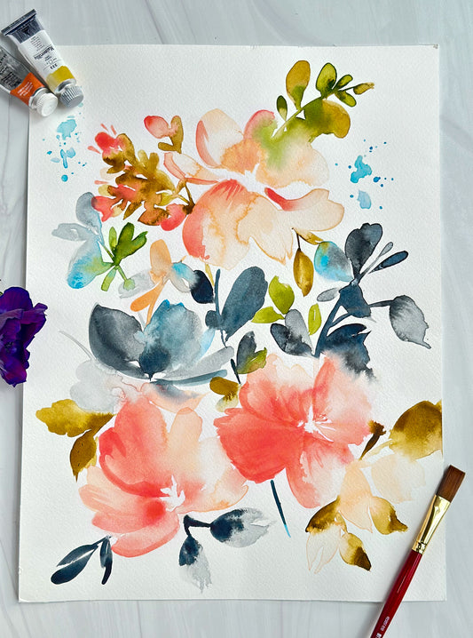 Original Watercolor - Coral Florals