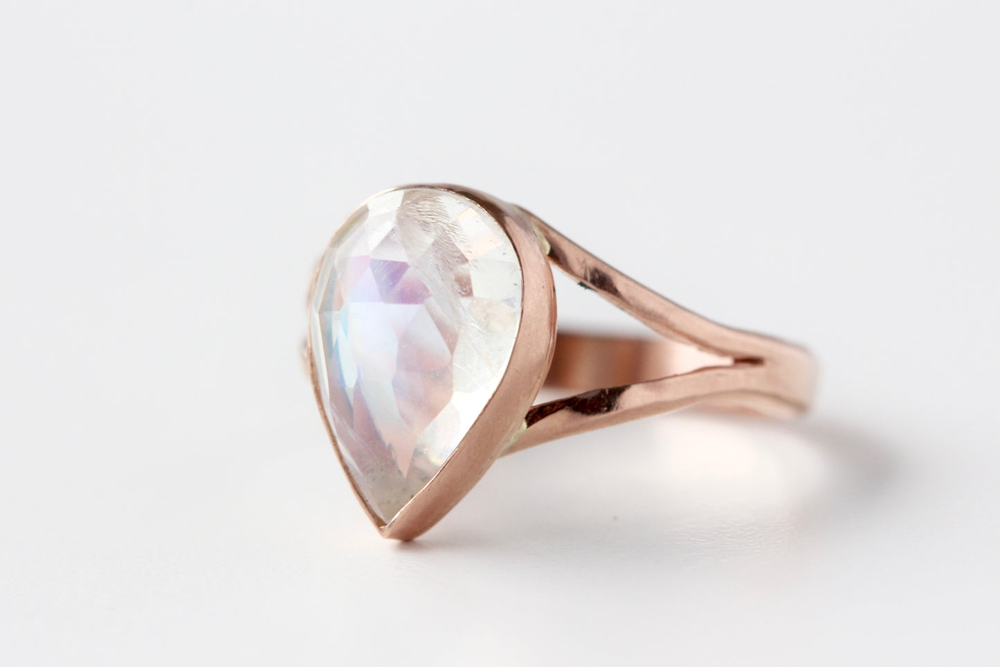 Pear Shaped Rosecut Rainbow Moonstone Ring in 14k Rose Gold Split Shank