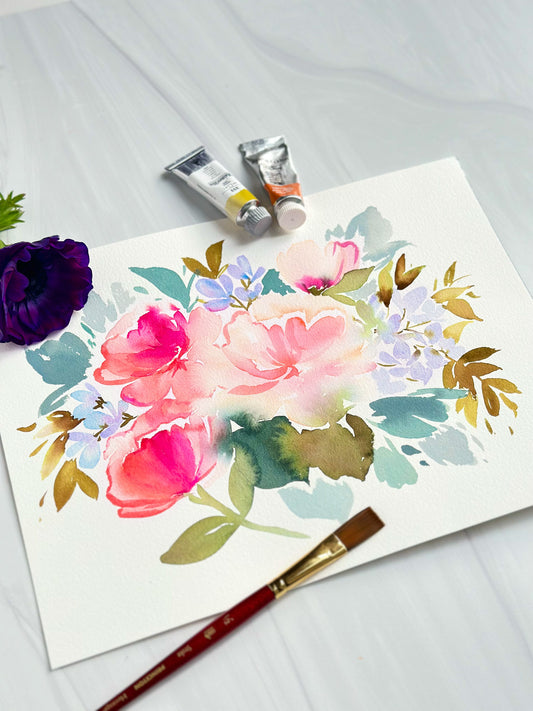 Original Watercolor - Cool Pink and Blue Florals
