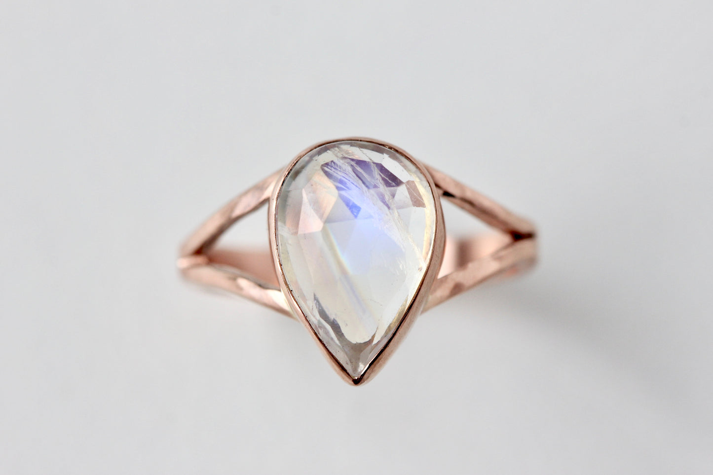 Pear Shaped Rosecut Rainbow Moonstone Ring in 14k Rose Gold Split Shank