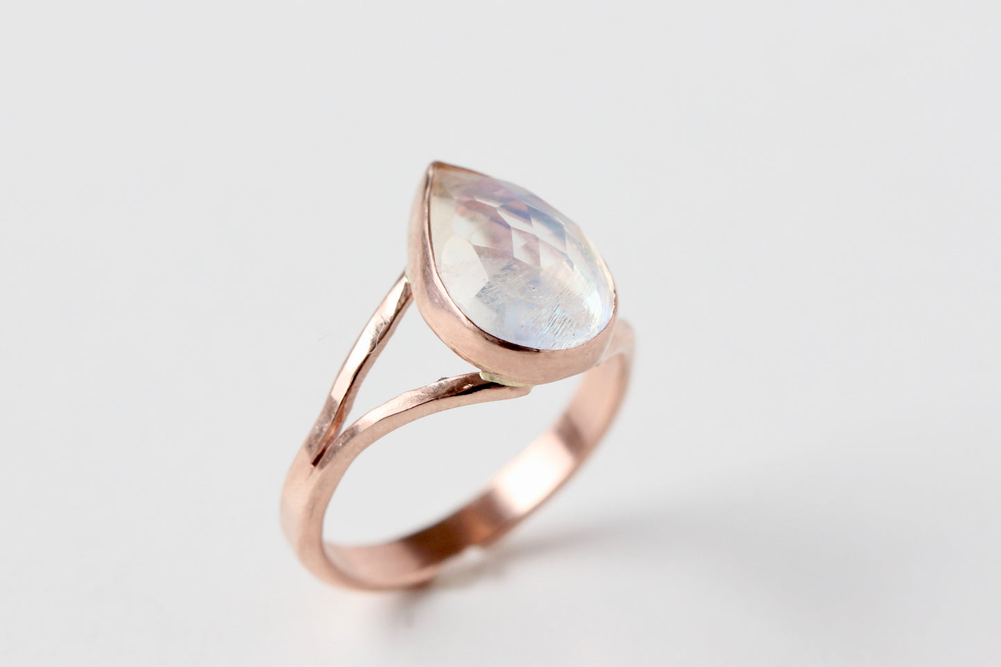 Pear Shaped Rosecut Rainbow Moonstone Ring in 14k Rose Gold Split Shank