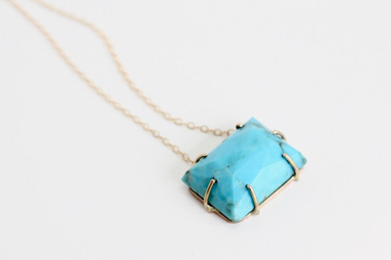 Turquoise Rose Cut Rectangle Necklace in Recycled 14k yellow gold