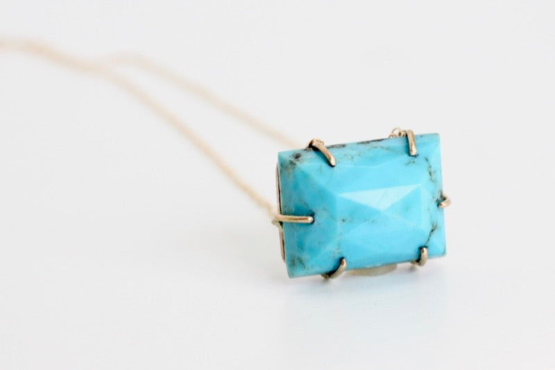 Turquoise Rose Cut Rectangle Necklace in Recycled 14k yellow gold