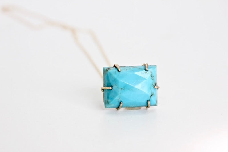 Turquoise Rose Cut Rectangle Necklace in Recycled 14k yellow gold