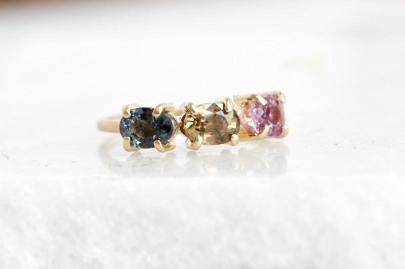 3 stone spinel ring in 14k Yellow Gold