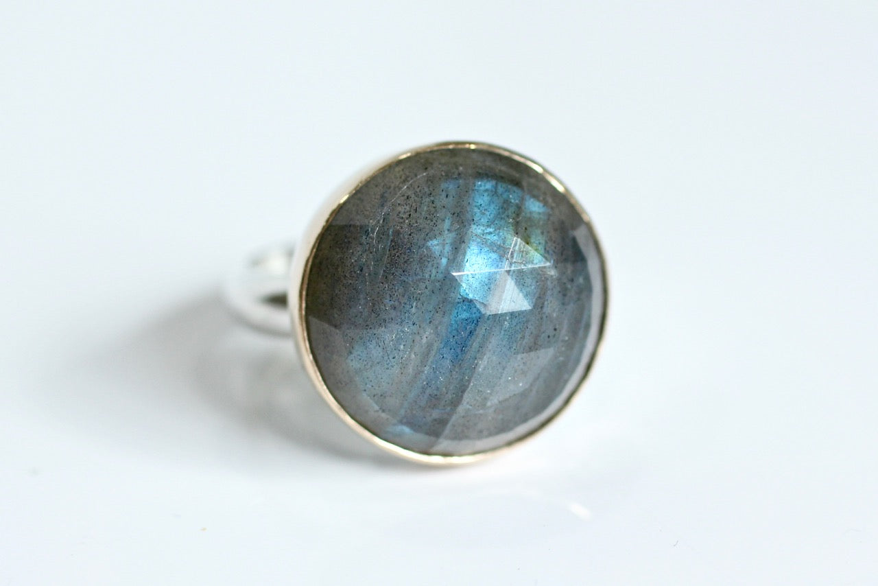 Round Labradorite Ring in Recycled 14k Yellow Gold and Sterling