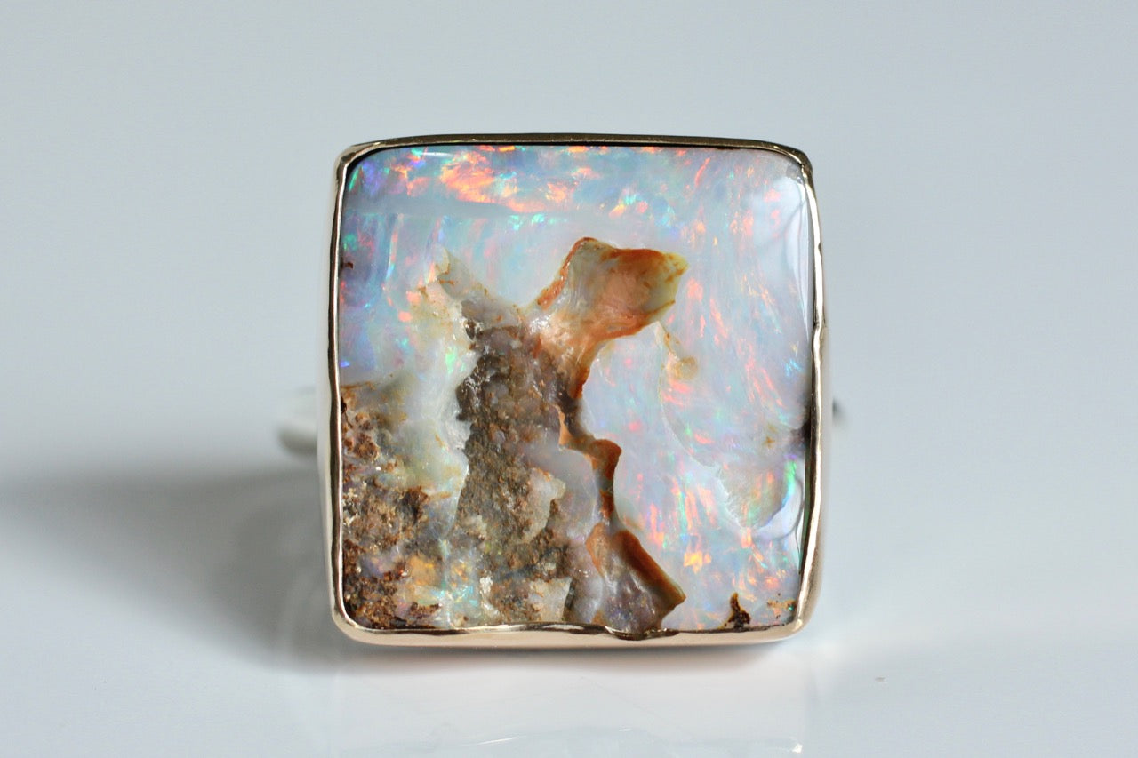 Rough Boulder Opal in yellow gold and sterling