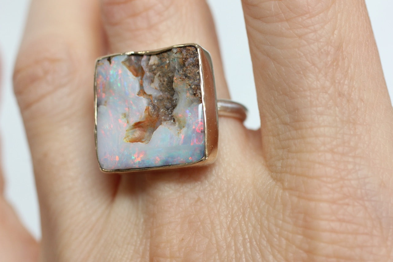 Rough Boulder Opal in yellow gold and sterling