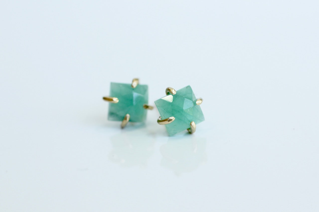 Square Emerald Studs in 14k yellow gold