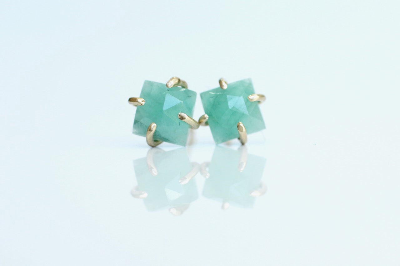 Square Emerald Studs in 14k yellow gold