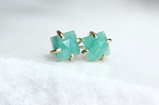 Square Emerald Studs in 14k yellow gold