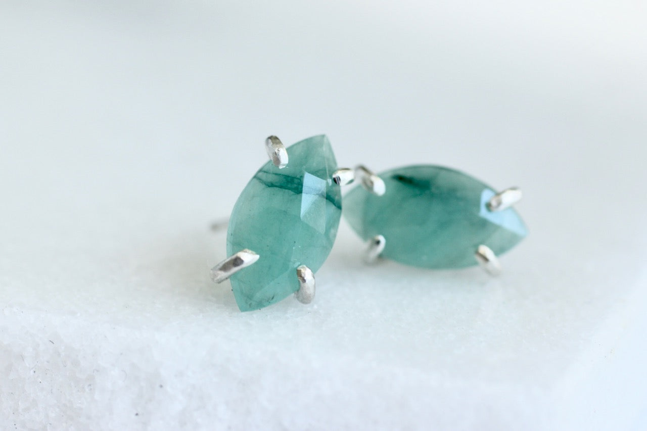 Marquise Emerald Studs in Sterling Silver