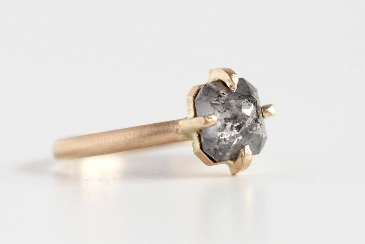 Ready to Ship Salt and Pepper Rose Cut Diamond Engagement Ring in 14k Yellow Gold