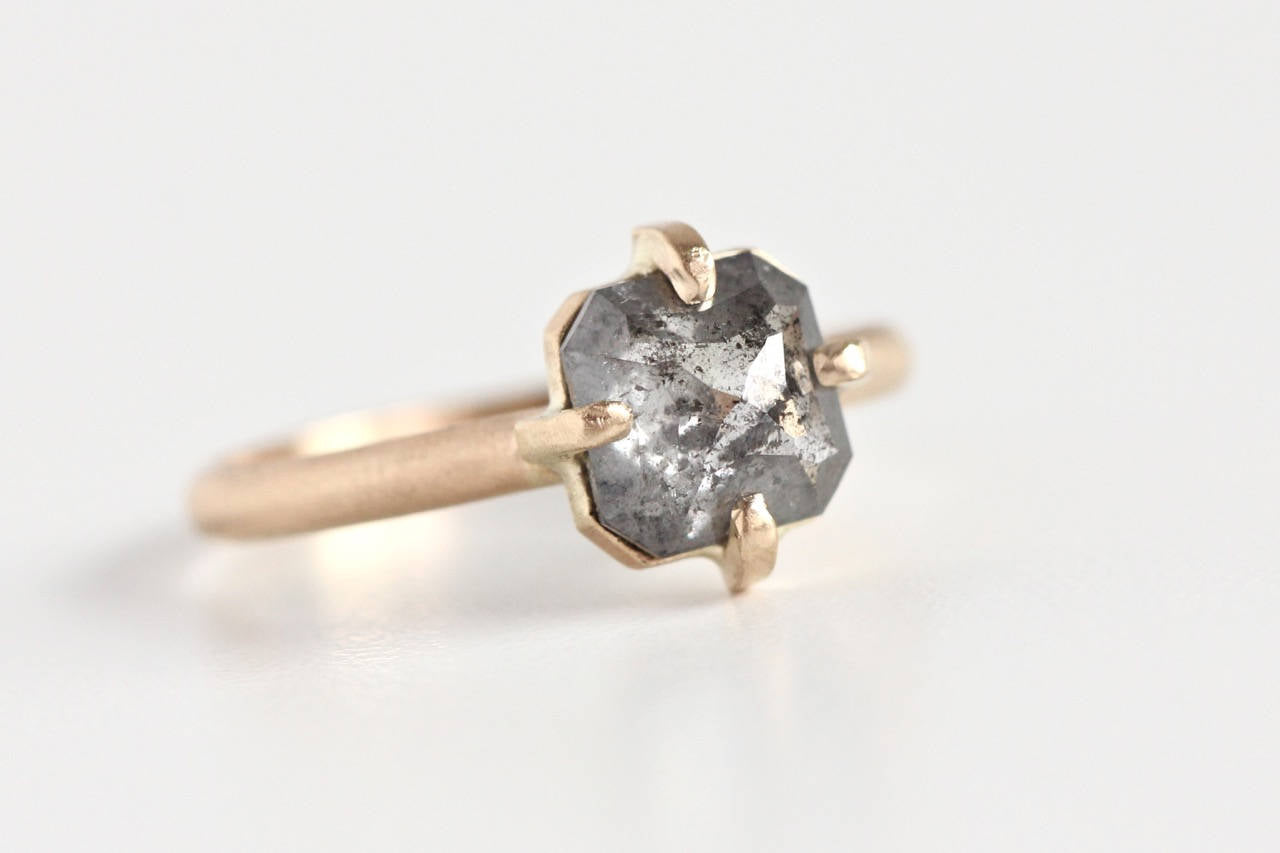 Ready to Ship Salt and Pepper Rose Cut Diamond Engagement Ring in 14k Yellow Gold