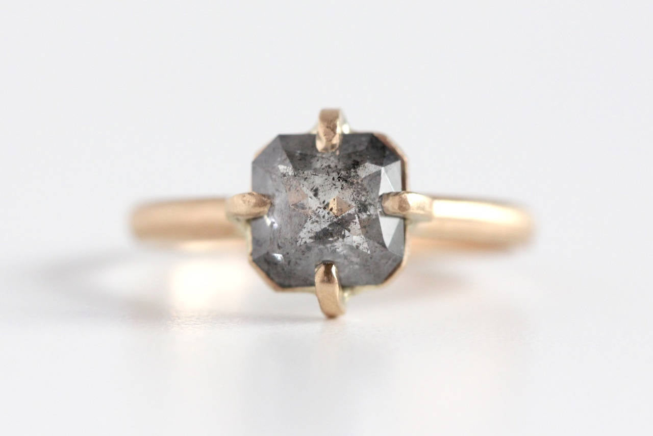Ready to Ship Salt and Pepper Rose Cut Diamond Engagement Ring in 14k Yellow Gold