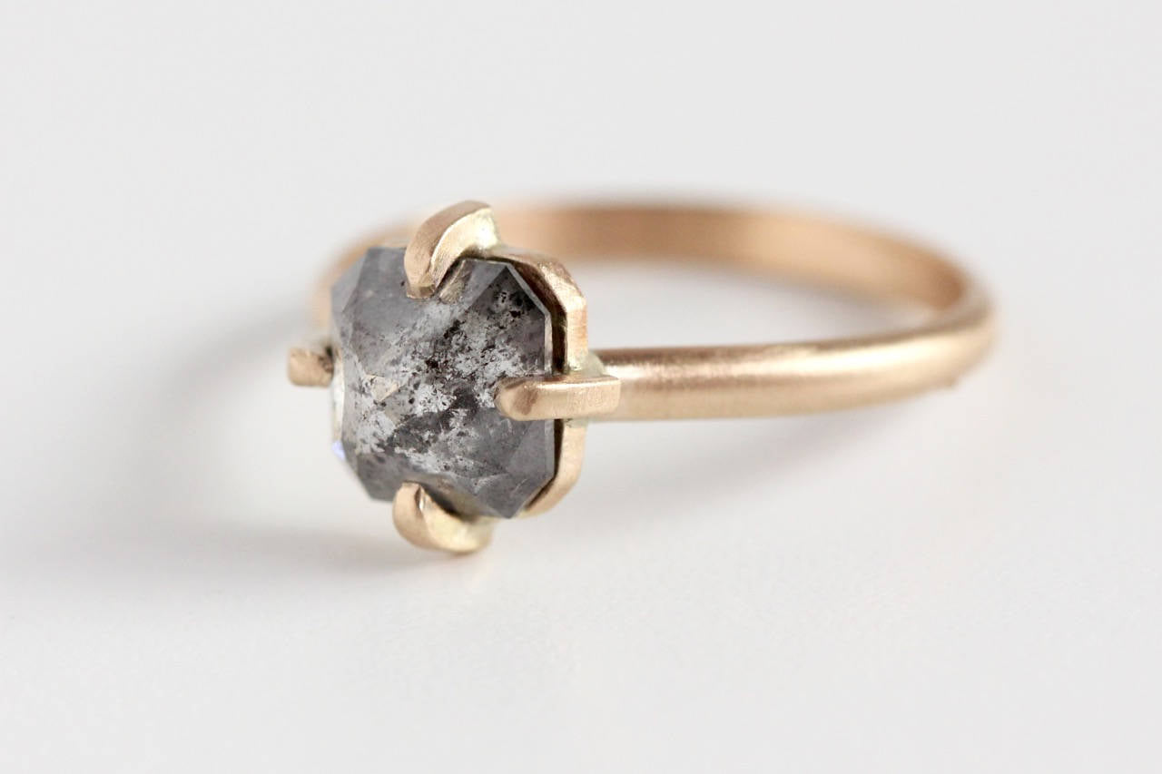 Ready to Ship Salt and Pepper Rose Cut Diamond Engagement Ring in 14k Yellow Gold